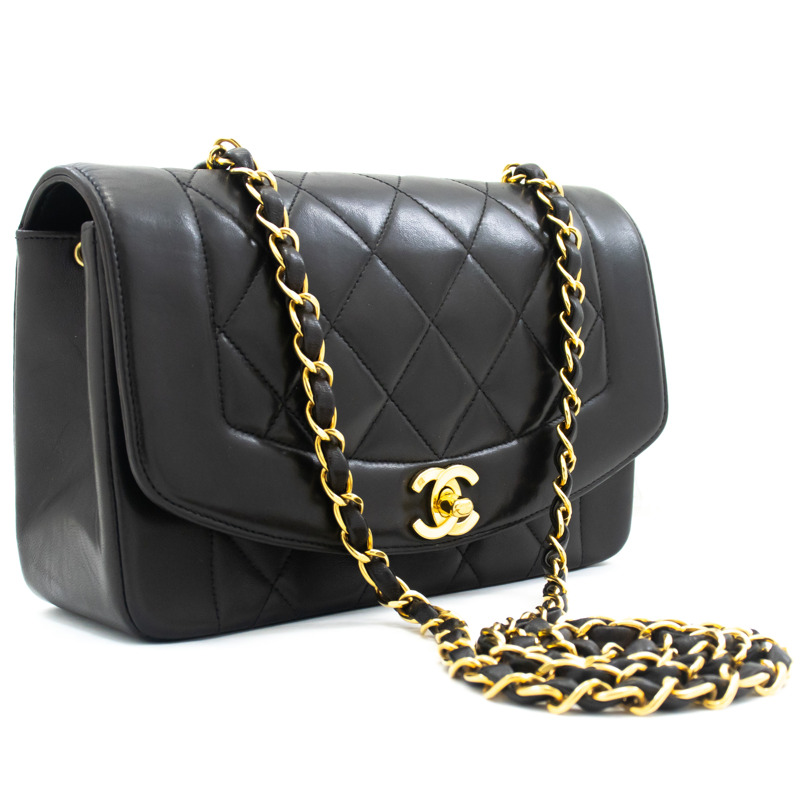 【日本直送】CHANEL Diana 翻蓋鏈條單肩包黑色絎縫小羊皮錢包-0