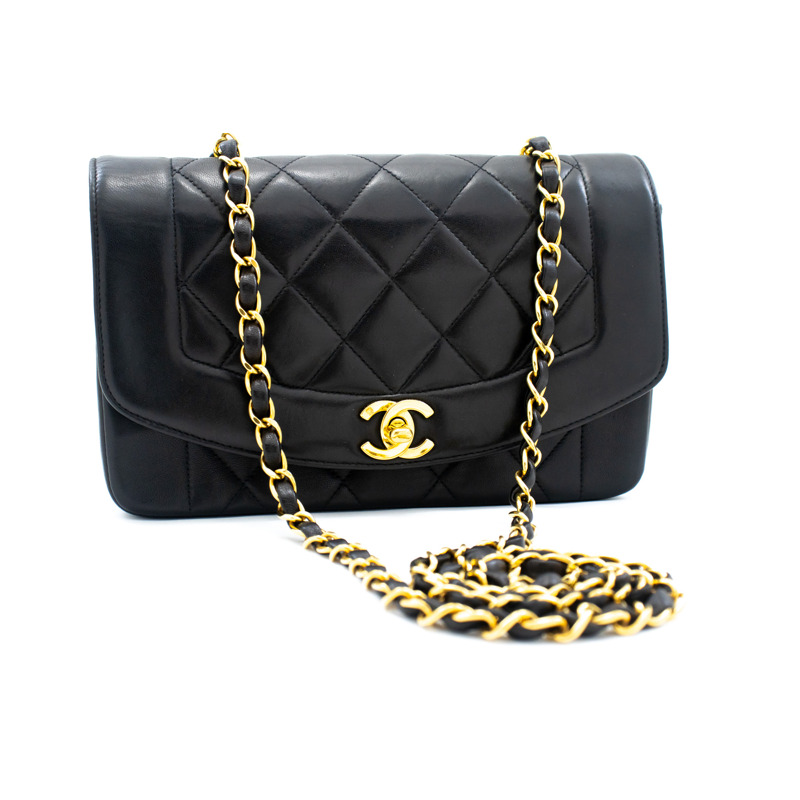 【日本直送】CHANEL Diana 翻蓋鏈條單肩包黑色絎縫小羊皮錢包-1