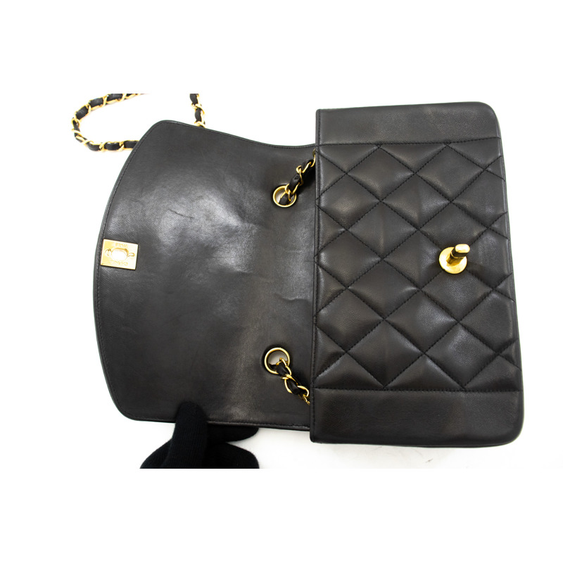 【日本直送】CHANEL Diana 翻蓋鏈條單肩包黑色絎縫小羊皮錢包-10