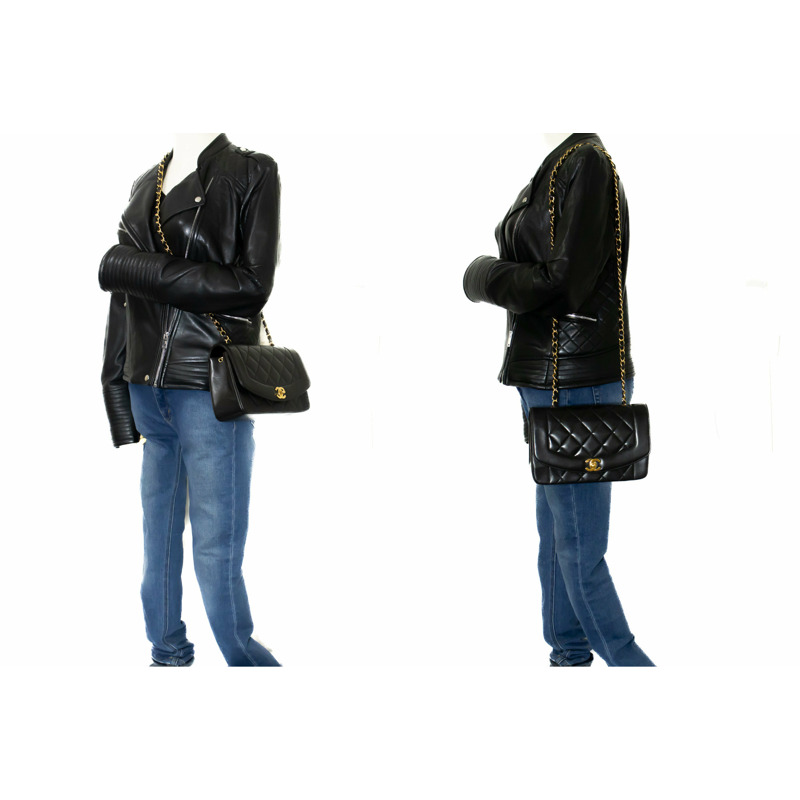 【日本直送】CHANEL Diana 翻蓋鏈條單肩包黑色絎縫小羊皮錢包-11