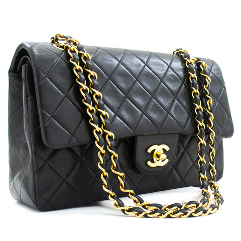 CHANEL 經典雙翻蓋 10 吋鏈條單肩包黑色小羊皮