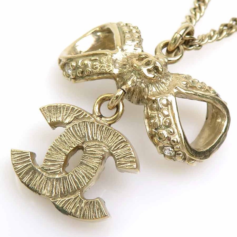 Chanel香奈兒可愛金色蝴蝶結造型cc標誌水鑽項鍊-2