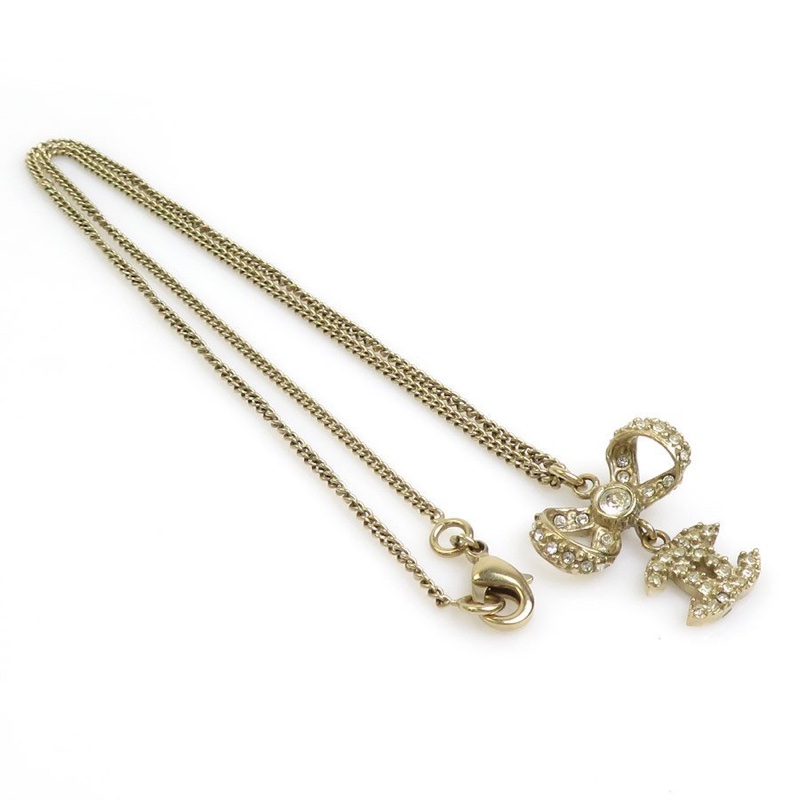 Chanel香奈兒可愛金色蝴蝶結造型cc標誌水鑽項鍊-8