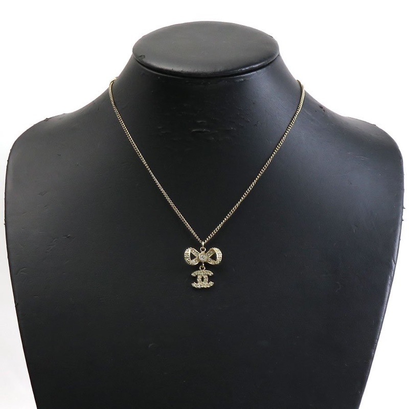 Chanel香奈兒可愛金色蝴蝶結造型cc標誌水鑽項鍊-9