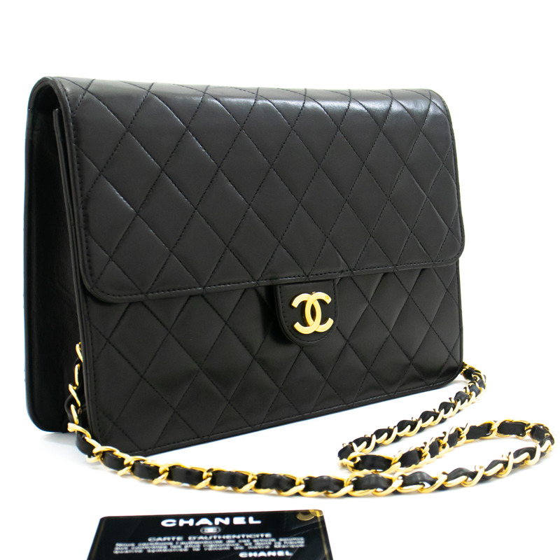 【日本直送】CHANEL 鏈條單肩包手拿包黑色絎縫翻蓋小羊皮錢包-0