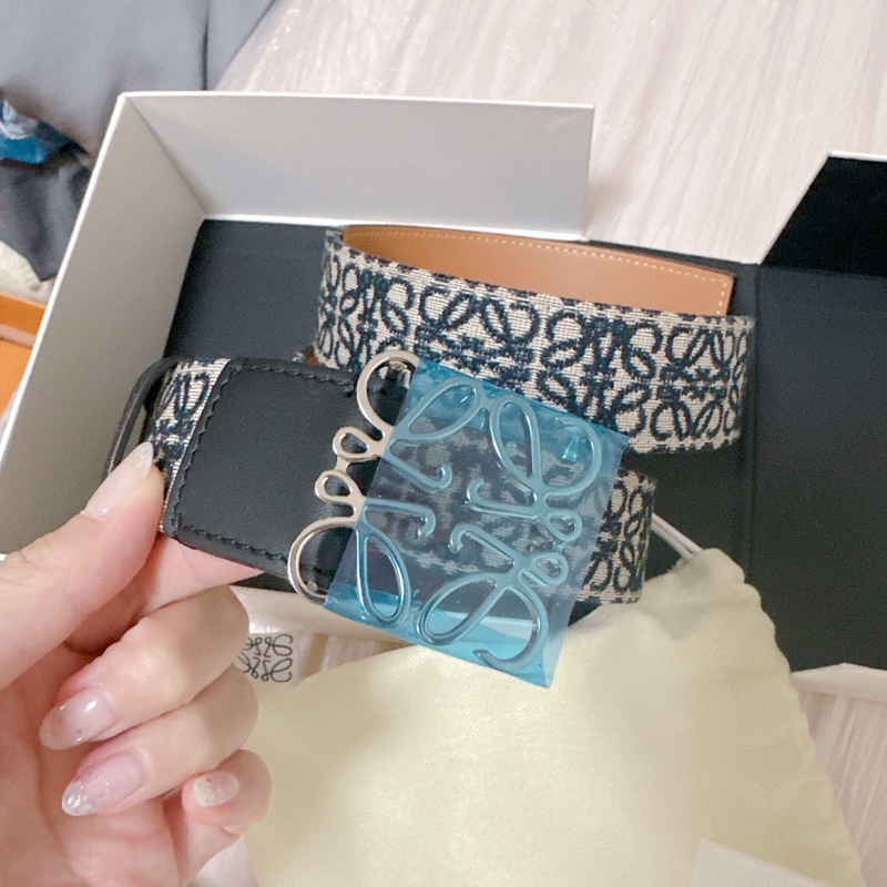 LOEWE羅威全新經典logo 緹花小牛皮 Anagram 腰帶 皮革織布拼接皮帶-2