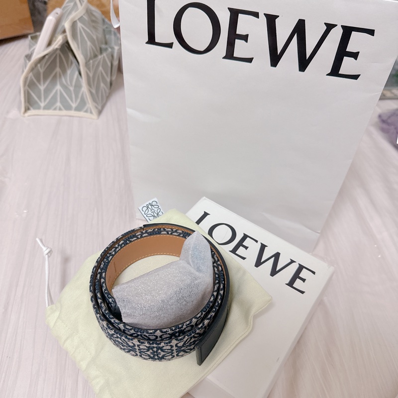 LOEWE羅威全新經典logo 緹花小牛皮 Anagram 腰帶 皮革織布拼接皮帶-4