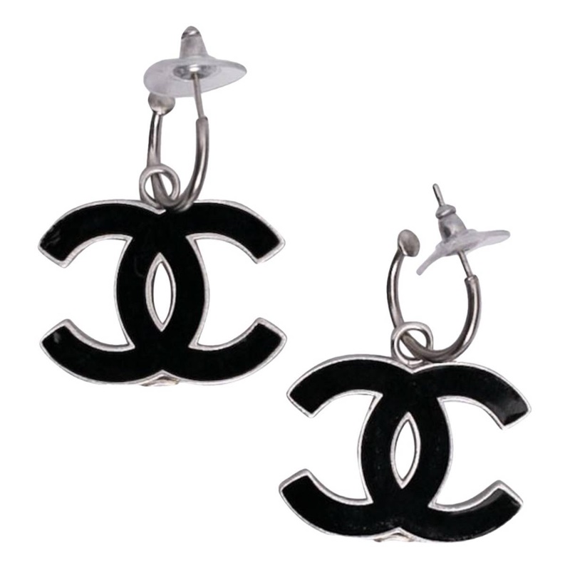 Chanel vintage香奈兒復古兩用黑色cc標誌銀色吊墜式鉤式針式耳環 項鍊-0