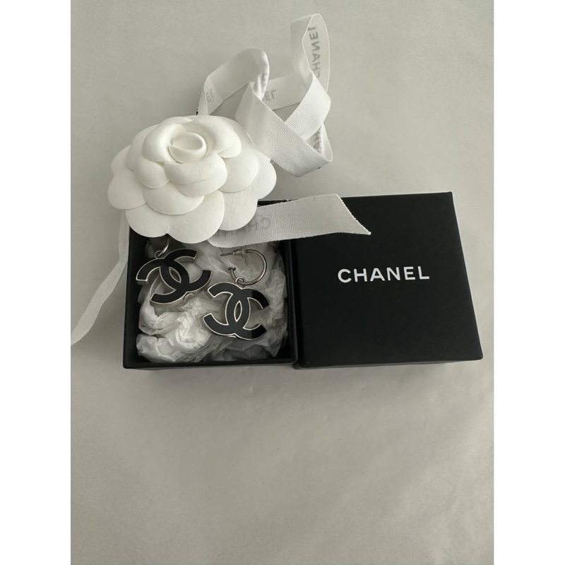 Chanel vintage香奈兒復古兩用黑色cc標誌銀色吊墜式鉤式針式耳環 項鍊-1