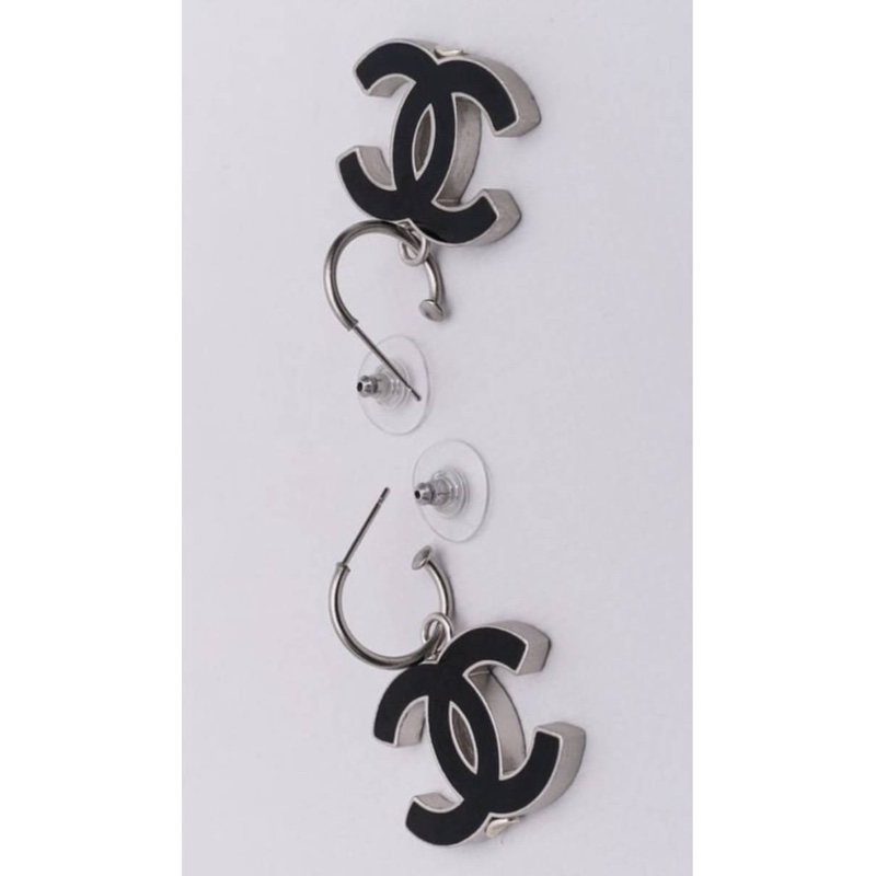 Chanel vintage香奈兒復古兩用黑色cc標誌銀色吊墜式鉤式針式耳環 項鍊-4