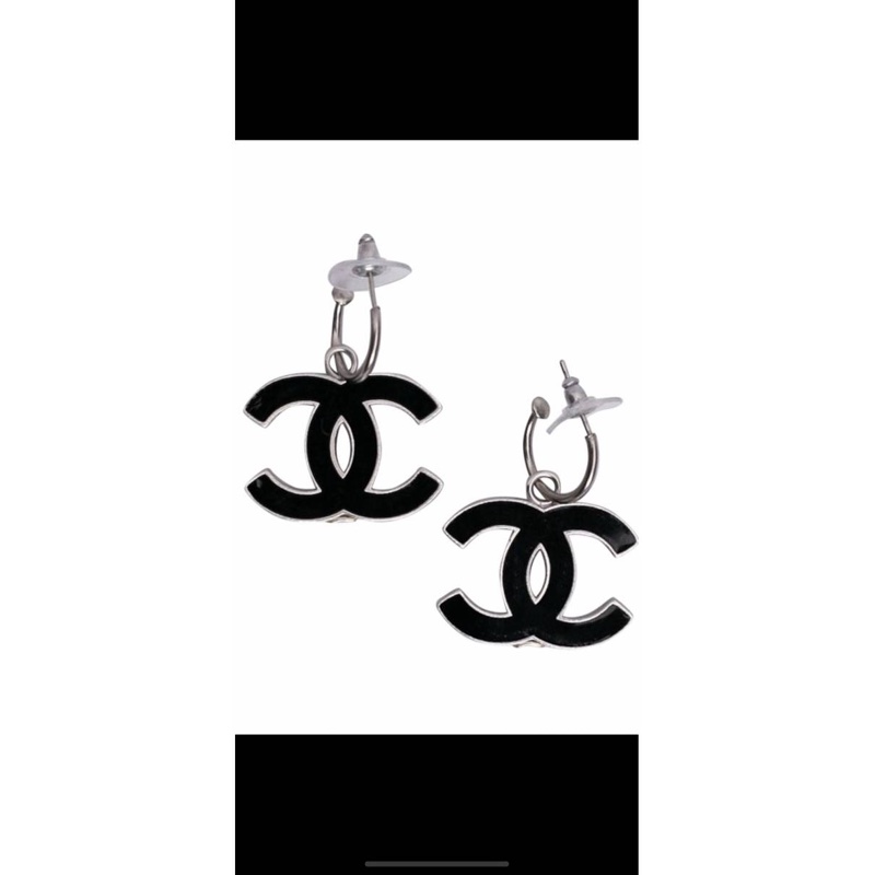 Chanel vintage香奈兒復古兩用黑色cc標誌銀色吊墜式鉤式針式耳環 項鍊-7
