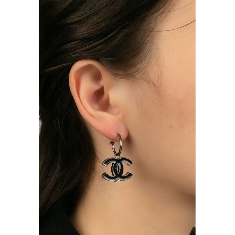 Chanel vintage香奈兒復古兩用黑色cc標誌銀色吊墜式鉤式針式耳環 項鍊-8