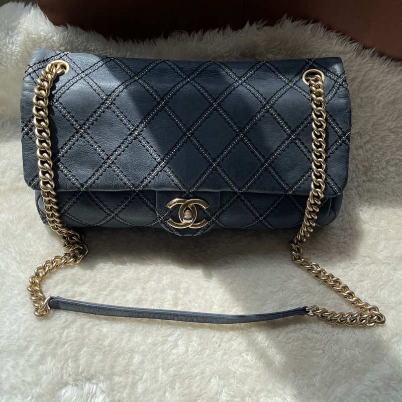 香奈兒Chanel外縫線 深藍牛皮 翻蓋口蓋包 肩背包 斜背包-2