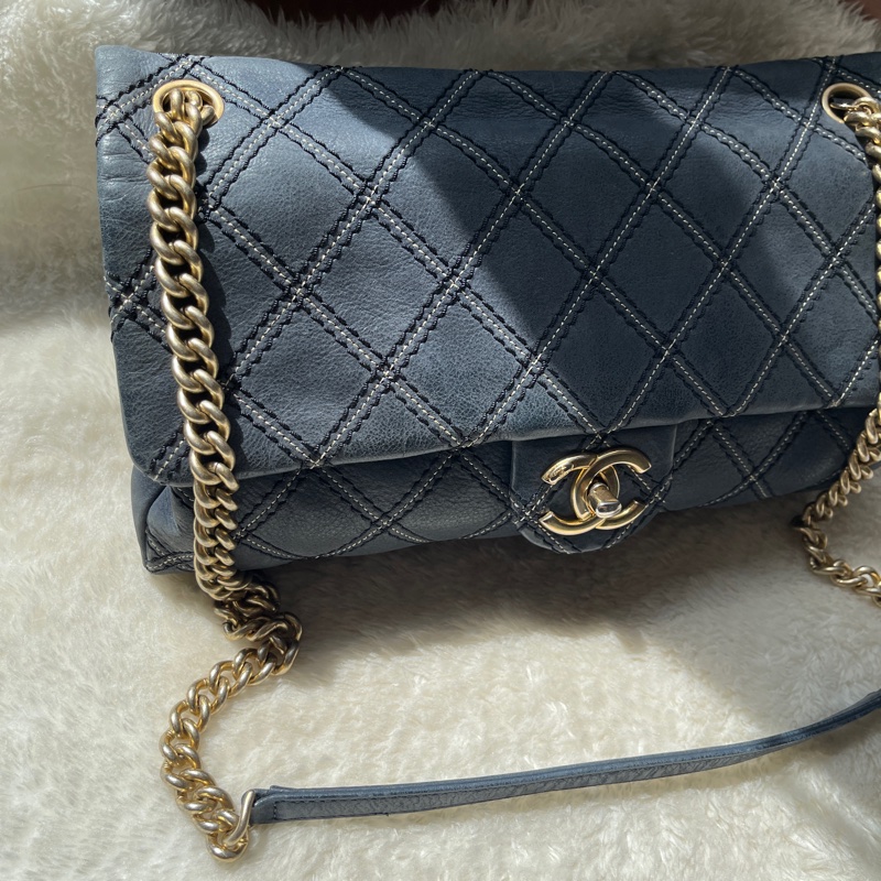 香奈兒Chanel外縫線 深藍牛皮 翻蓋口蓋包 肩背包 斜背包-3