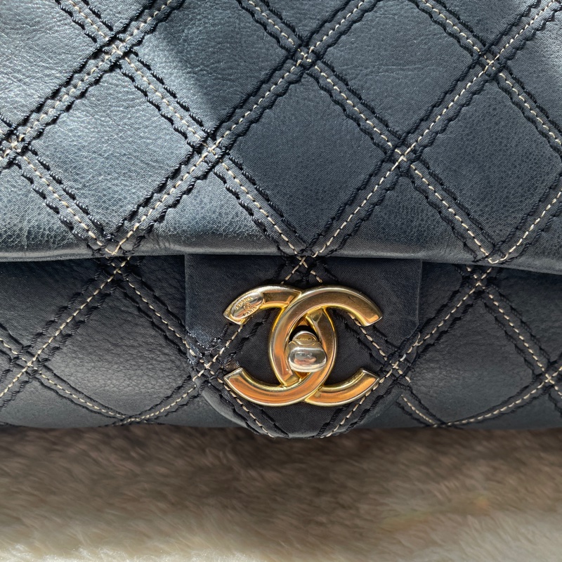 香奈兒Chanel外縫線 深藍牛皮 翻蓋口蓋包 肩背包 斜背包-7