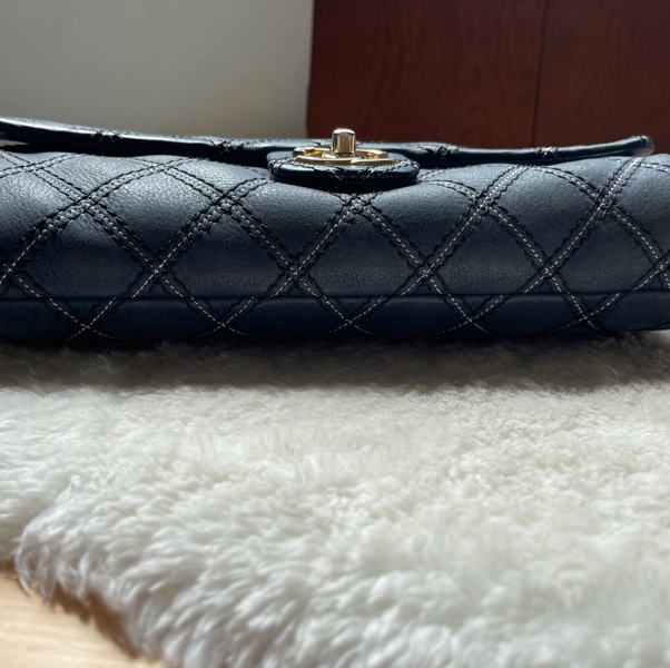 香奈兒Chanel外縫線 深藍牛皮 翻蓋口蓋包 肩背包 斜背包-10