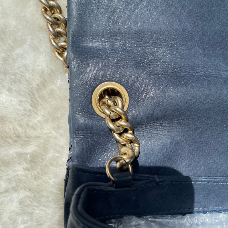 香奈兒Chanel外縫線 深藍牛皮 翻蓋口蓋包 肩背包 斜背包-27