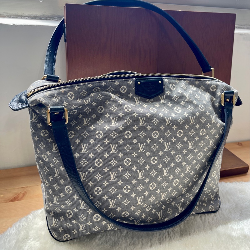 深藍灰色牛仔布LV老花深藍牛皮 灰色LV老花肩背包 托特包 購物包 媽媽包-1