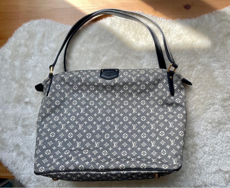 深藍灰色牛仔布LV老花深藍牛皮 灰色LV老花肩背包 托特包 購物包 媽媽包-7