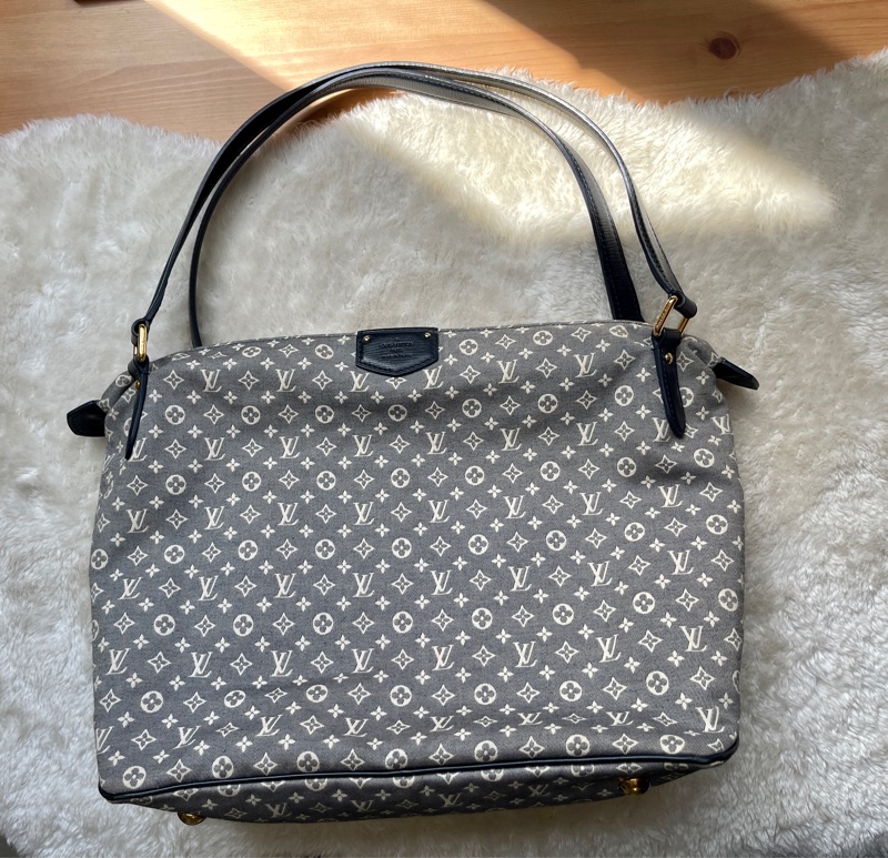 深藍灰色牛仔布LV老花深藍牛皮 灰色LV老花肩背包 托特包 購物包 媽媽包-8