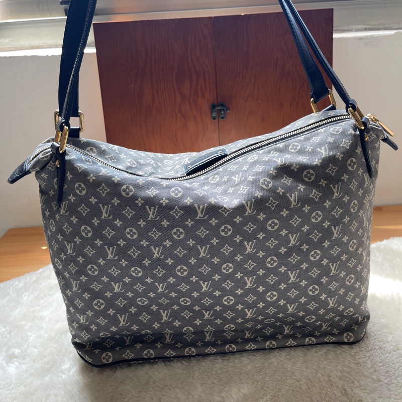 深藍灰色牛仔布LV老花深藍牛皮 灰色LV老花肩背包 托特包 購物包 媽媽包-9