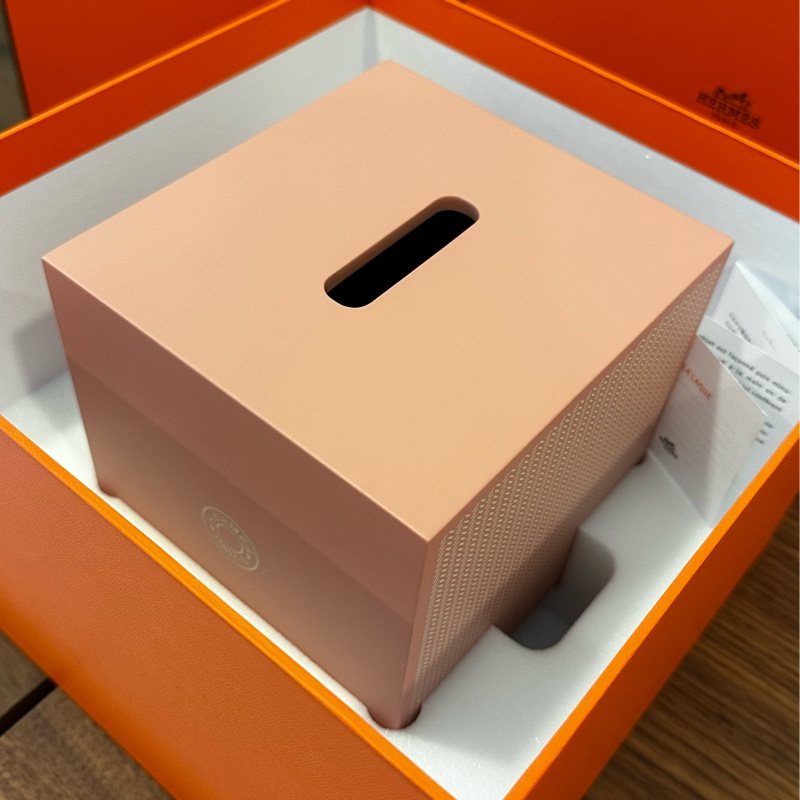 hermes 愛馬仕 方形抽取式面紙盒 粉色 二手狀態良好 含橘盒 購證-2