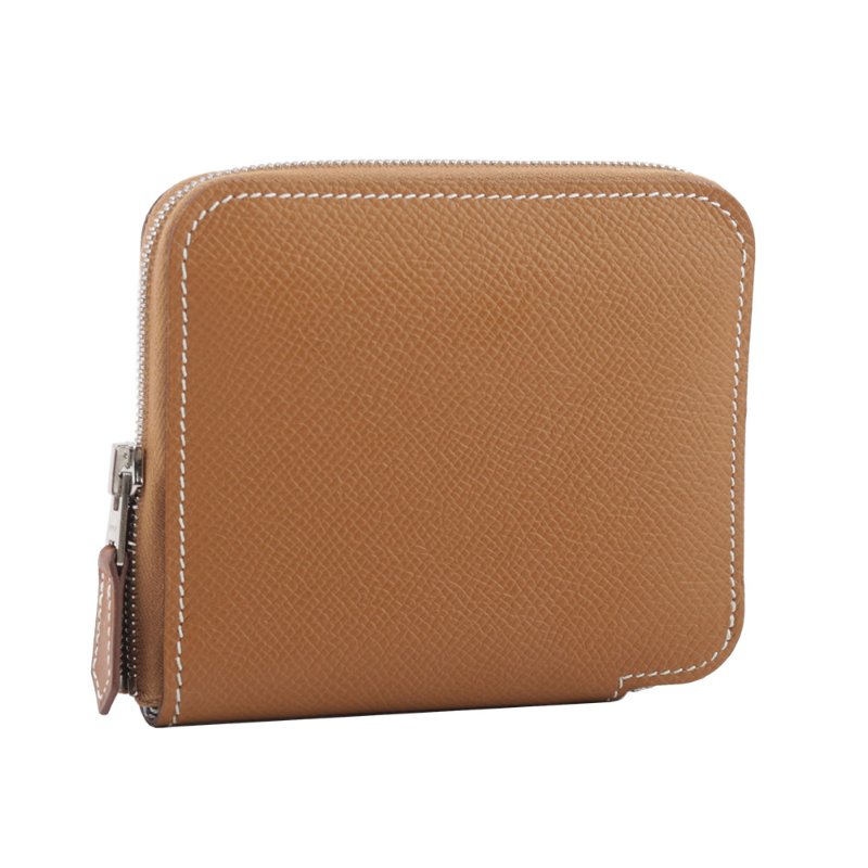 HERMES EPSOM皮 絲巾內裡ㄇ型拉鏈短夾(金棕色)-1