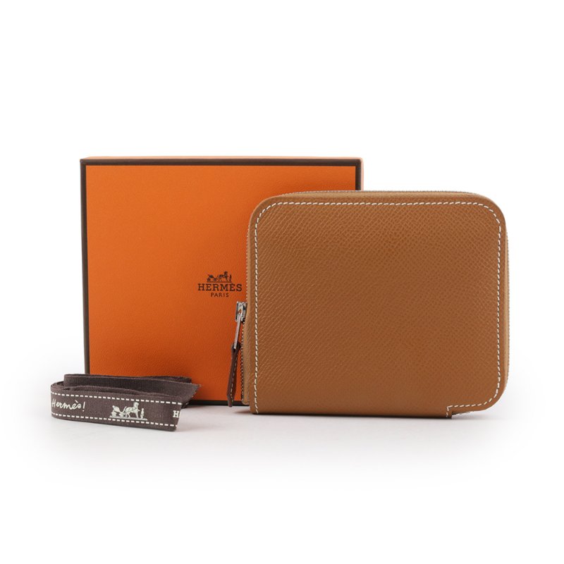 HERMES EPSOM皮 絲巾內裡ㄇ型拉鏈短夾(金棕色)-5