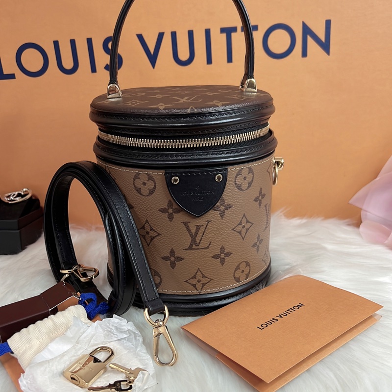 LV路易威登CANNES拼色圓桶包發財桶單肩斜挎手提女包M43986-9