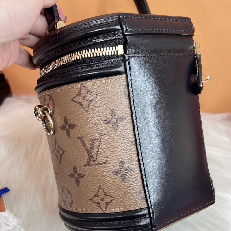 LV路易威登CANNES拼色圓桶包發財桶單肩斜挎手提女包M43986-14