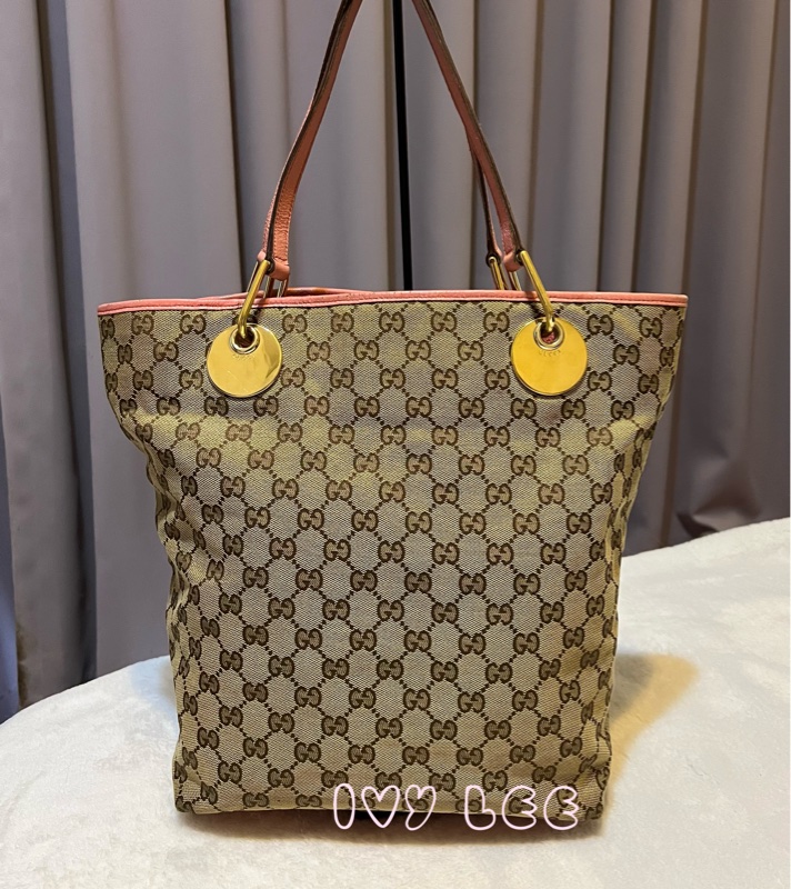 GUCCI 120836 雙G緹花圓扣牛奶購物包.粉紅色 通勤包 實用二手精品 特惠款-1