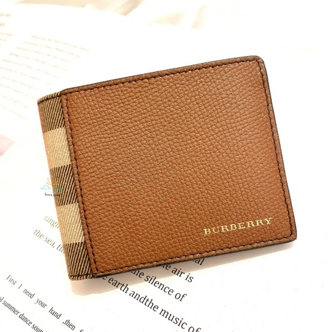 BURBERRY 巴寶莉 格紋 駝色 六卡 皮革 對開短夾 男用段夾