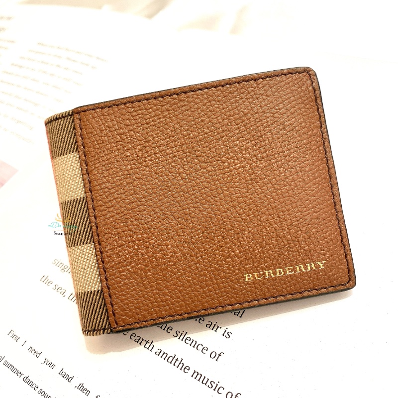 BURBERRY 巴寶莉 格紋 駝色 六卡 皮革 對開短夾 男用段夾-0