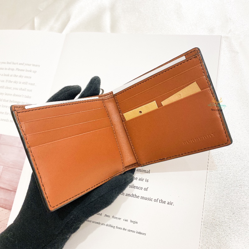 BURBERRY 巴寶莉 格紋 駝色 六卡 皮革 對開短夾 男用段夾-5