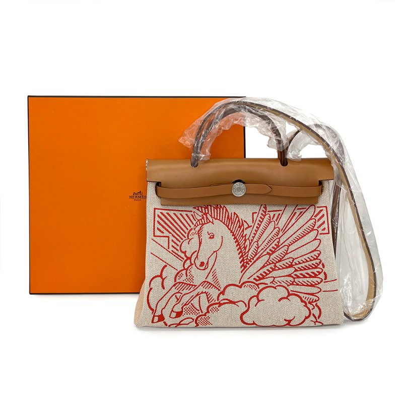 【Hermes】Herbag Zip 31 限定飛馬米色帆布x棕色牛皮手提肩背包-1