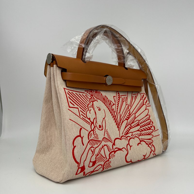 【Hermes】Herbag Zip 31 限定飛馬米色帆布x棕色牛皮手提肩背包-2