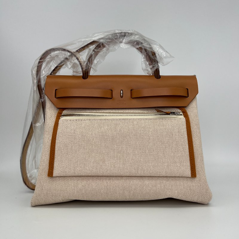 【Hermes】Herbag Zip 31 限定飛馬米色帆布x棕色牛皮手提肩背包-3