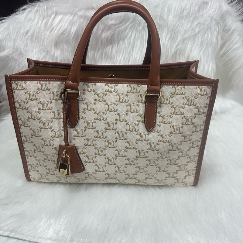 (客訂請勿下單)Celine TRIOMPHE帆布及小牛皮迷你型橫式CABAS手袋 純白色 老花-0