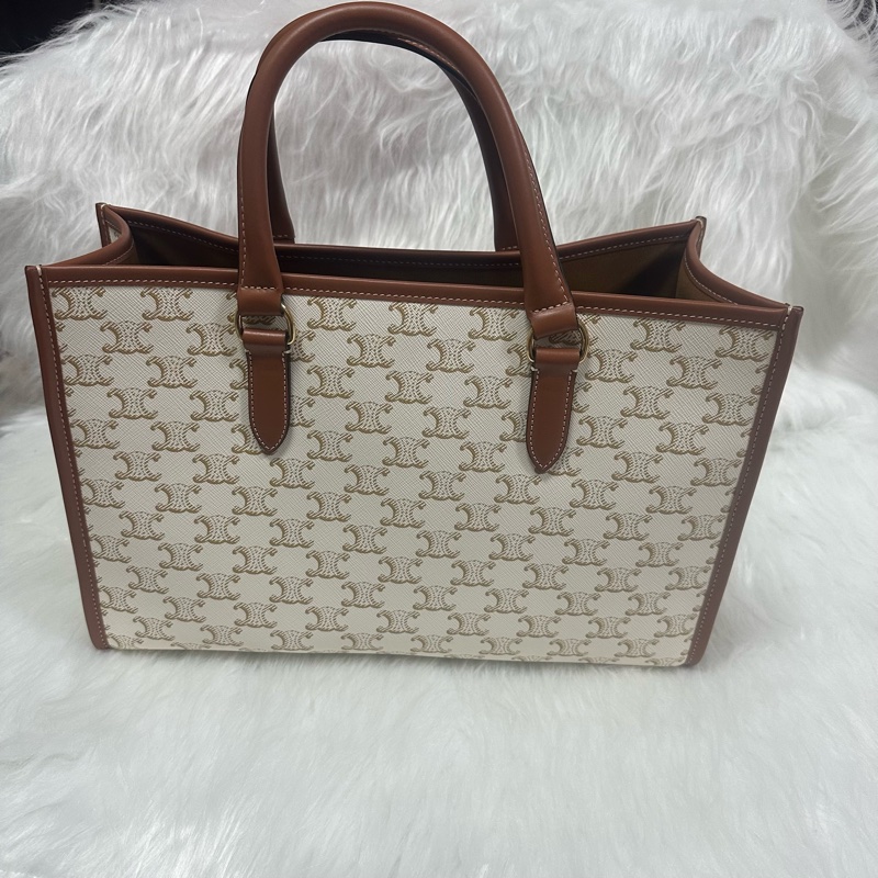 (客訂請勿下單)Celine TRIOMPHE帆布及小牛皮迷你型橫式CABAS手袋 純白色 老花-1