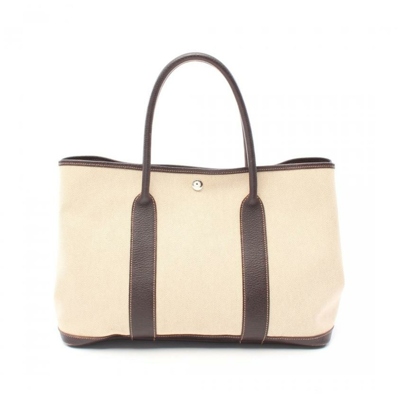【日本直送】 HERMES Garden Party PM 手提包 托特包 Toile-H愛馬仕帆布 真皮 米色 深棕色 銀色五金 □I刻印-0