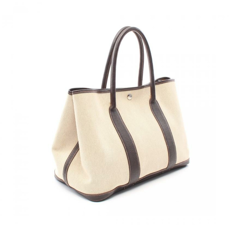 【日本直送】 HERMES Garden Party PM 手提包 托特包 Toile-H愛馬仕帆布 真皮 米色 深棕色 銀色五金 □I刻印-1