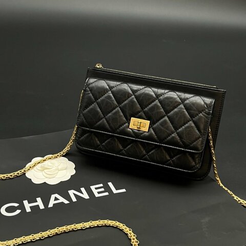 CHANEL 香奈兒 黑色仿舊牛皮 2.55金扣 雙層 WOC鍊包/斜背包/肩背包
