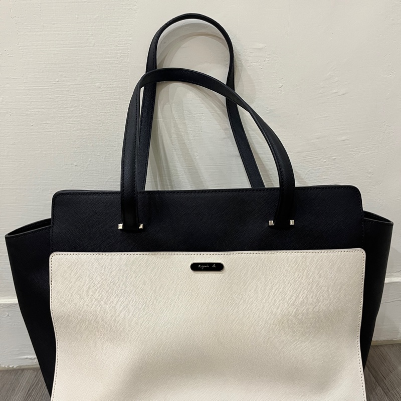Agnes b 黑白配色肩背斜背手提托特包-0