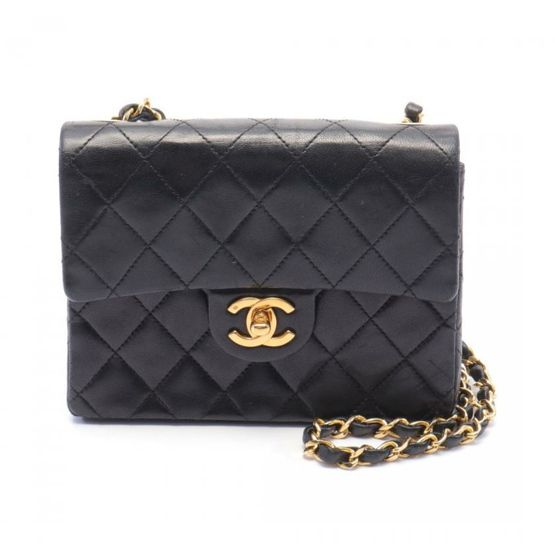 【日本直送】 CHANEL CHANEL 迷你菱格紋 鏈條肩包 小羊皮 黑色 金色五金 vintage-0