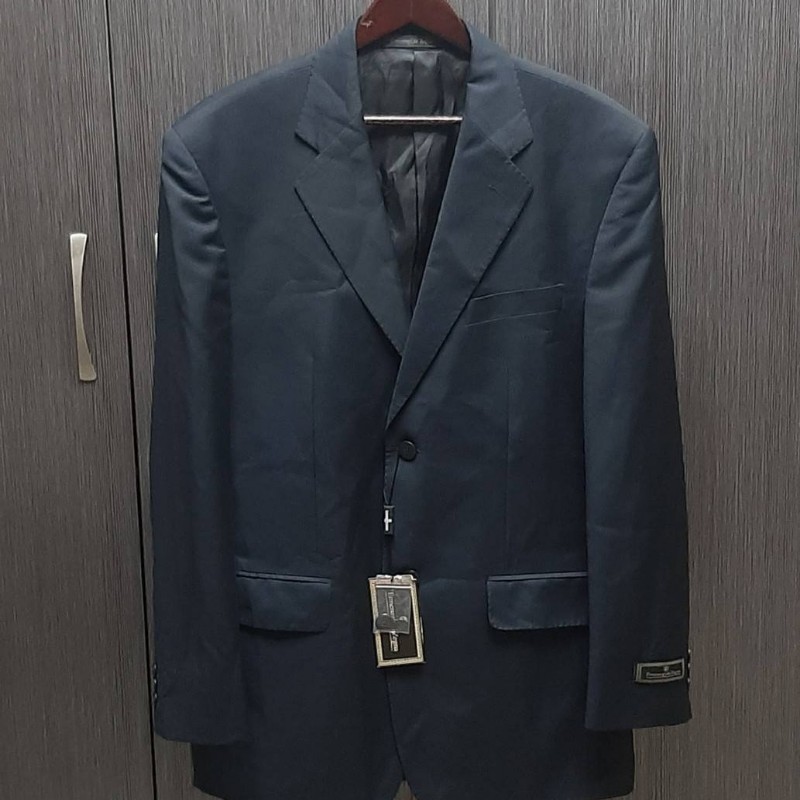 義大利品牌全新正品ERMENEGILDO ZEGNA傑尼亞 男藏青色80%混羊毛單排釦側雙開衩西裝外套52號-0