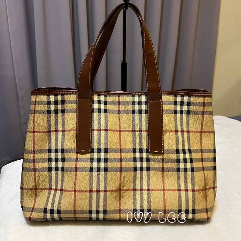 Burberry Haymarket 經典格紋馬圖 托特包 咖啡邊 大容量手提包 二手精品-0
