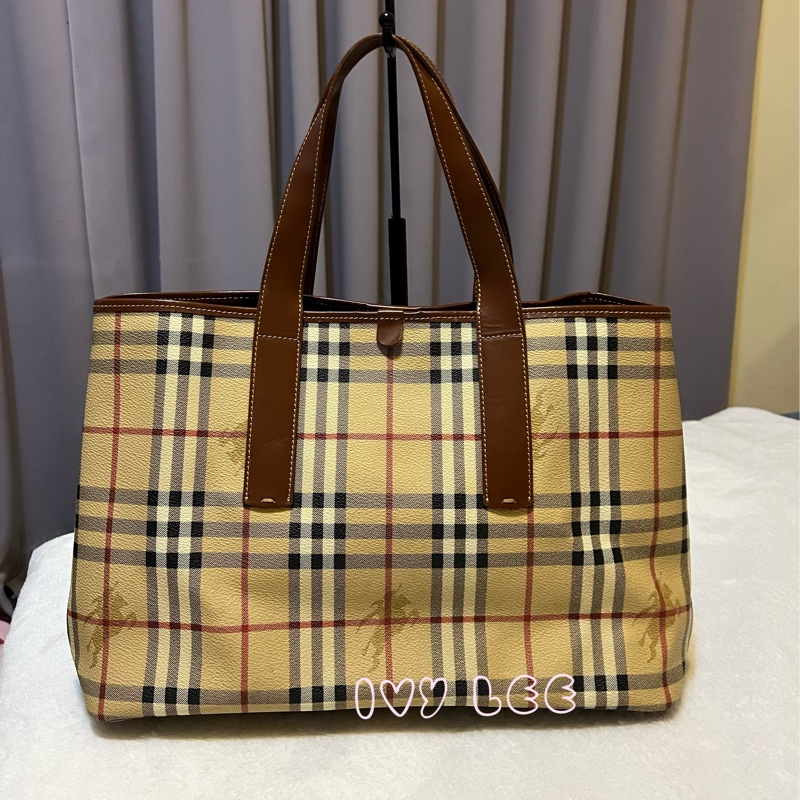 Burberry Haymarket 經典格紋馬圖 托特包 咖啡邊 大容量手提包 二手精品-1