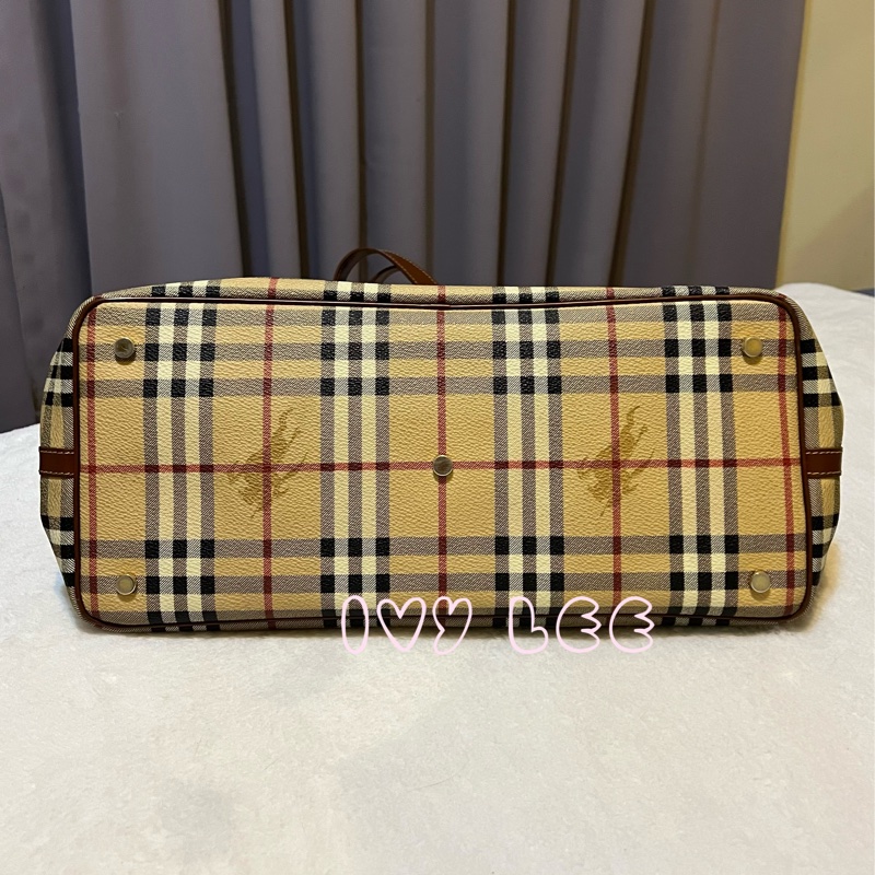 Burberry Haymarket 經典格紋馬圖 托特包 咖啡邊 大容量手提包 二手精品-2