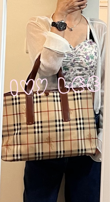 Burberry Haymarket 經典格紋馬圖 托特包 咖啡邊 大容量手提包 二手精品-20