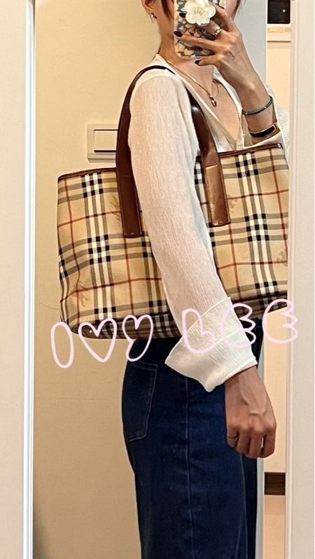 Burberry Haymarket 經典格紋馬圖 托特包 咖啡邊 大容量手提包 二手精品-21